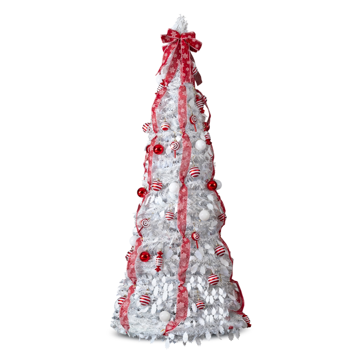 6 FT Fully Decorated Pre-lit Christmas Tree, Pop Up Artificial Xmas Tree with 100 Warm Lights and Red Ornaments for Home Office Store Holiday Deco, White