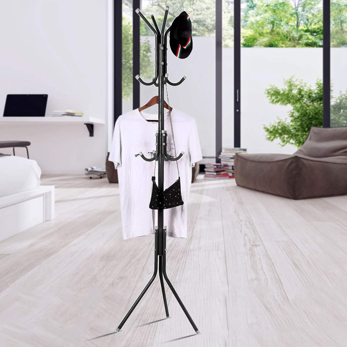 Steel Standing Coat Rack – 12 Hooks, Triangle Base, 68.5in Tall – Black