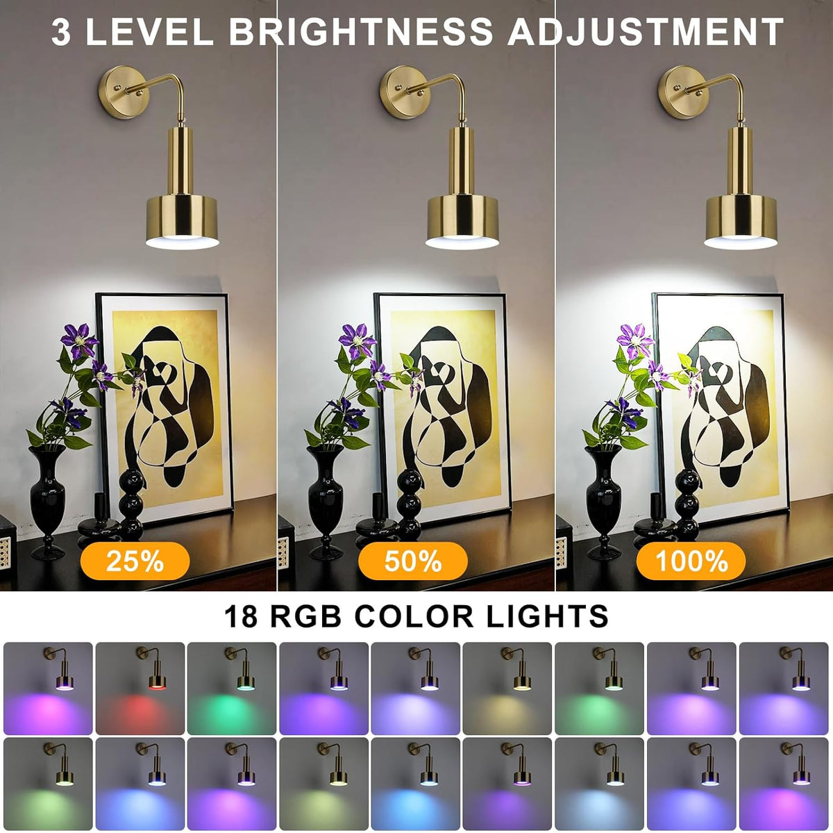 Lightsjoy RGB Wall Light, Rechargeable, USB, Remote, 18 Colors – Gold 1pc