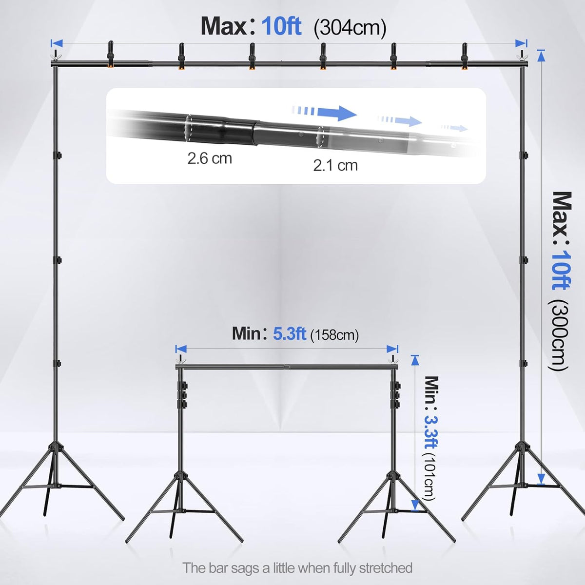 Backdrop Stand 3x3m Photo Studio Support Kit Black With 8 Clamps EMART