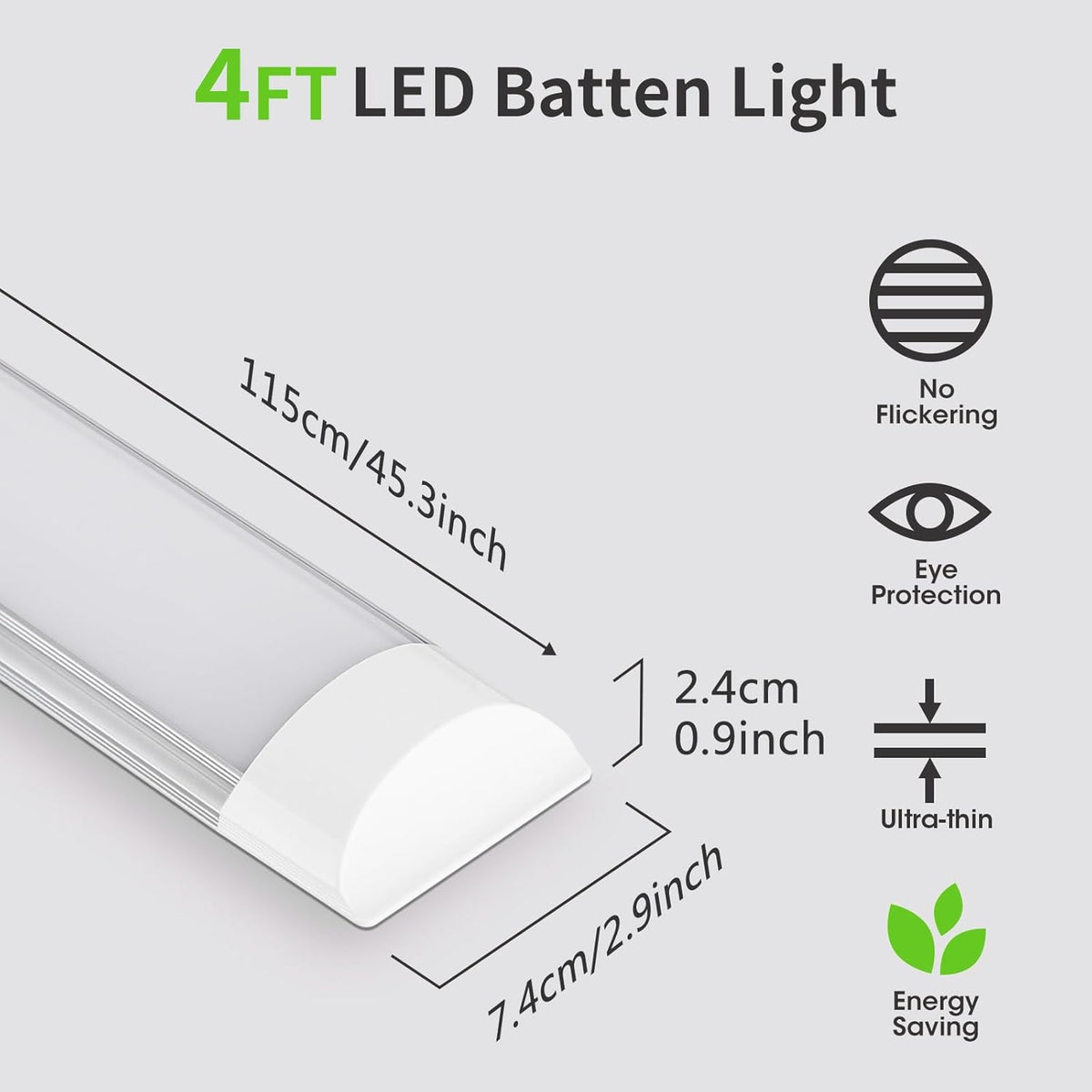 HUMIGA 4FT LED Batten Light 40W Neutral White 4000K Slim Fitting, 2 Pack