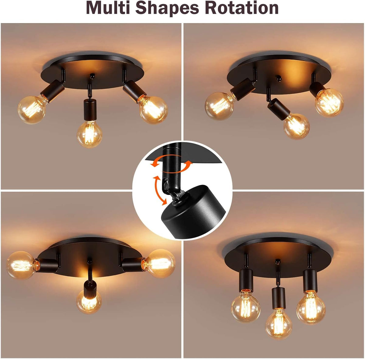 Lightsjoy 3-Way Rotatable Black Ceiling Spot Light – Vintage E27 Flush Mount