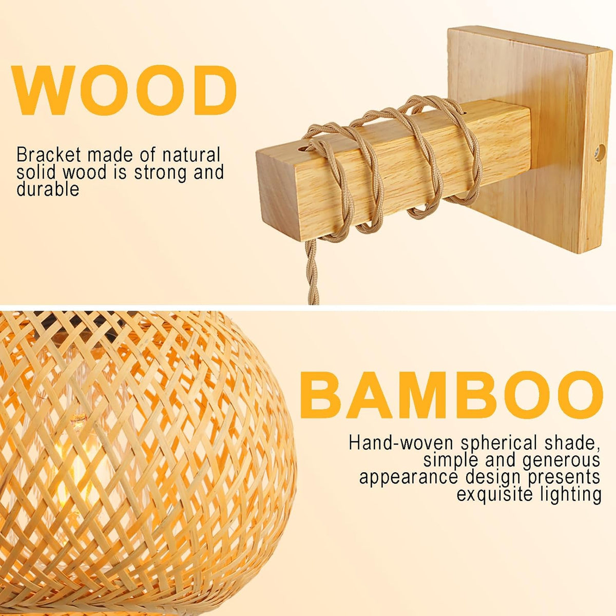 Schindora Boho Bamboo Wall Light – Handwoven E27 Lamp Shade