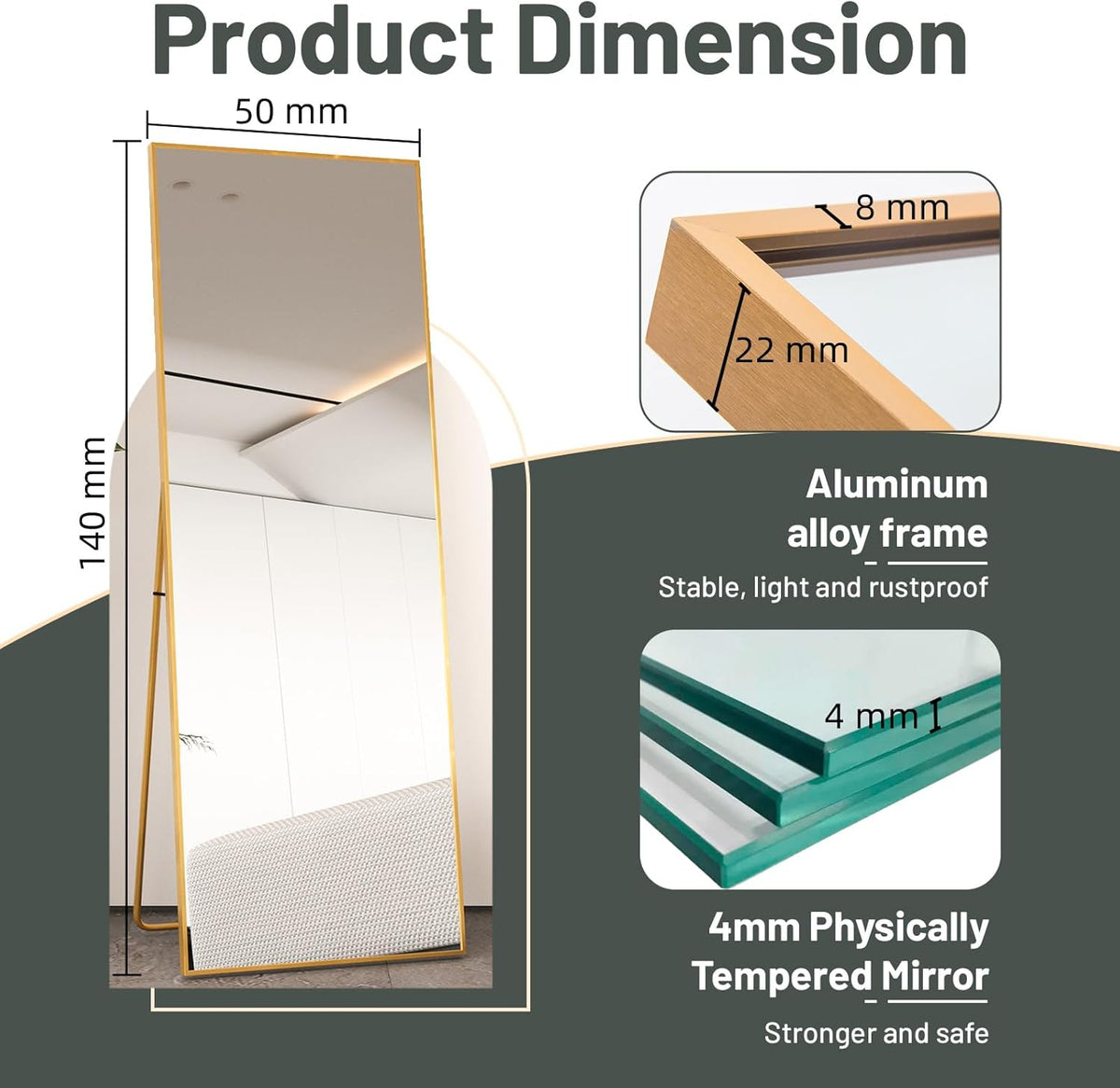 Full Length Mirror 140x50cm Large Floor Mirror Gold Frame Bedroom Beauty4U