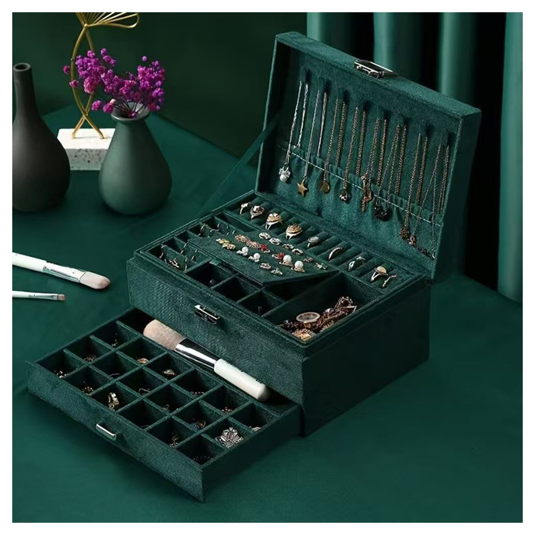 1pc Green 3-Layers Jewelry Box, Large PU Leather Finish Storage Drawer Cabinet, Jewelry, Earrings, Necklace, Bracelet, Ring, Ornaments, Adorn Article, Small Item Organizer Box Art Supplies