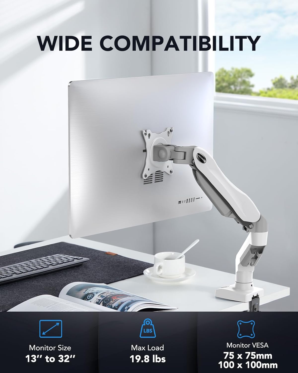 Single Monitor Arm 13 to 32 Inch Adjustable White Desk Mount VESA HUANUO