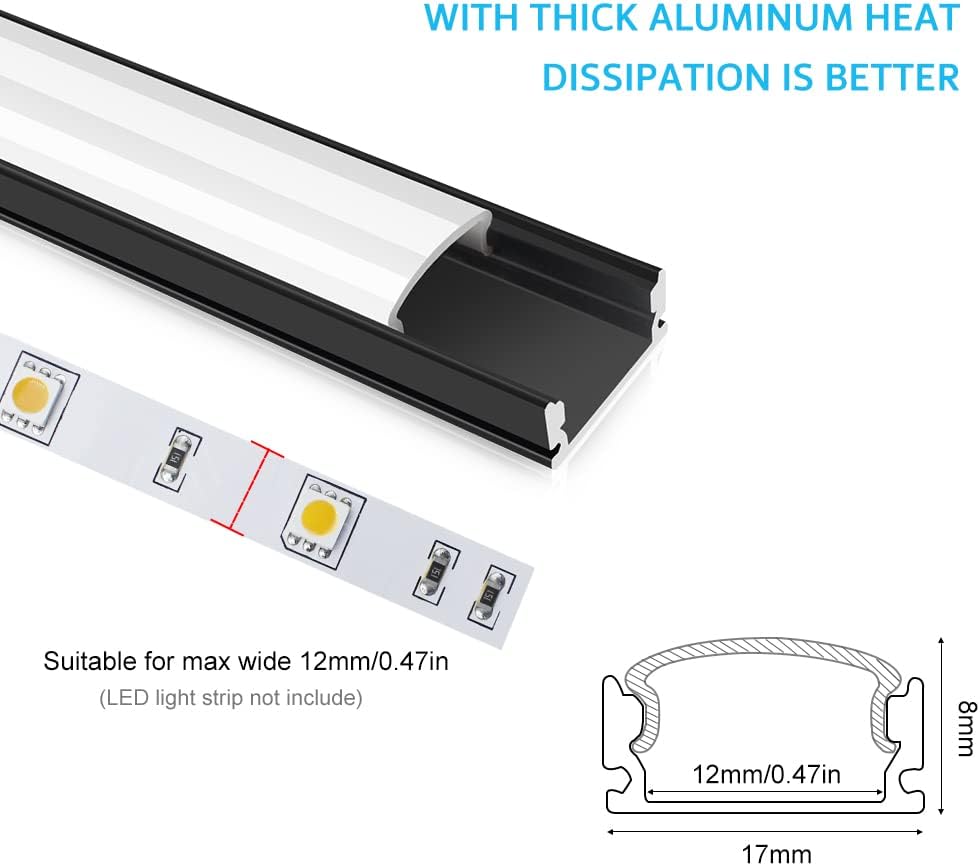 LED Aluminum Profile Channel U Shape 1m Black Diffuser 6 Pack LightingWill