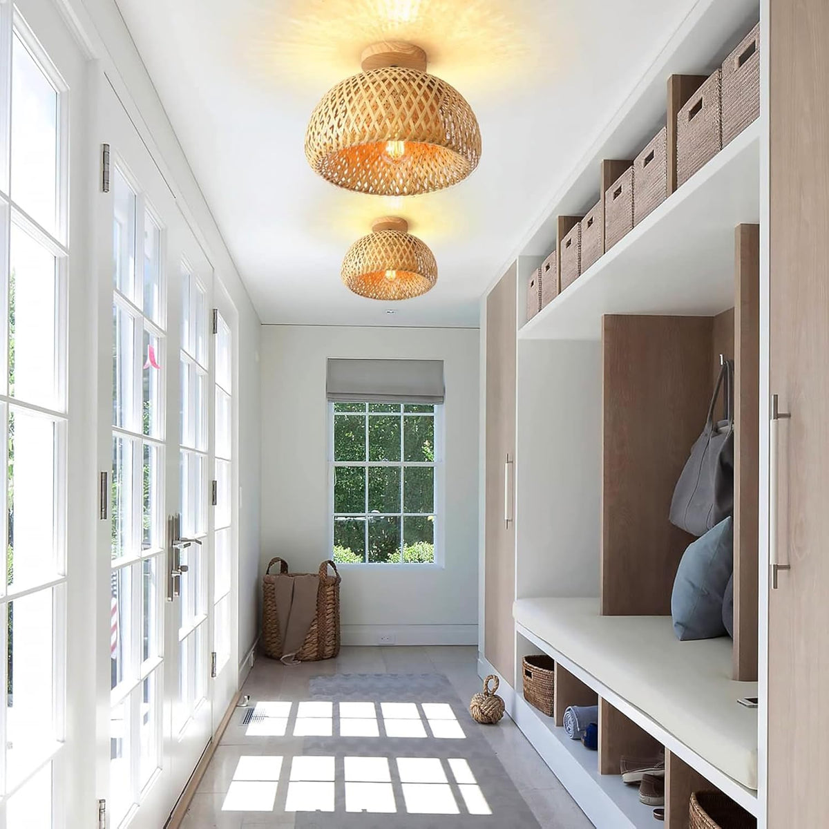 Bamboo Ceiling Light Rattan Semi Flush Mount Boho Farmhouse Lamp Schindora