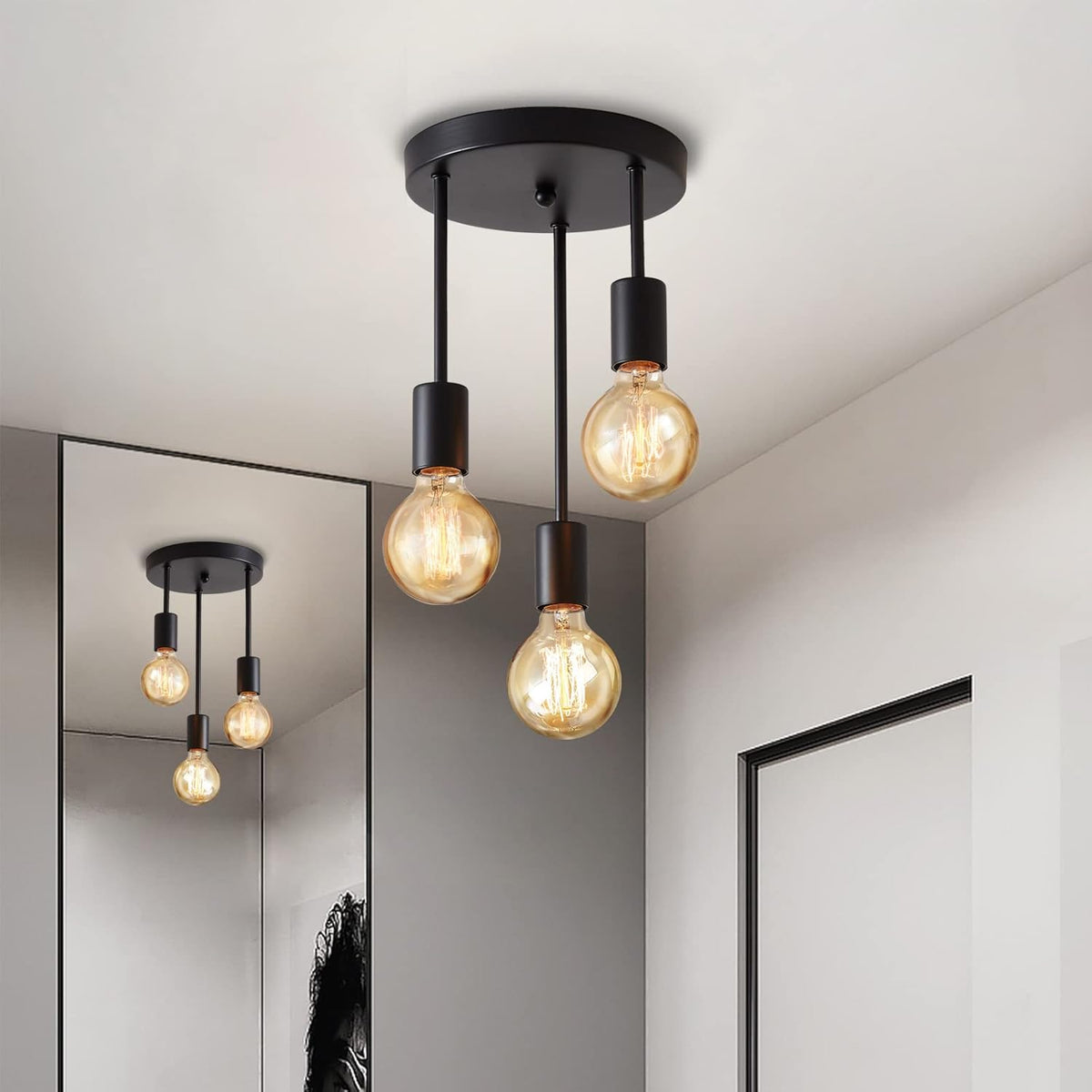 Lightsjoy 3-Way Black Ceiling Spotlight – Rustic E27 Pendant Light for Indoor