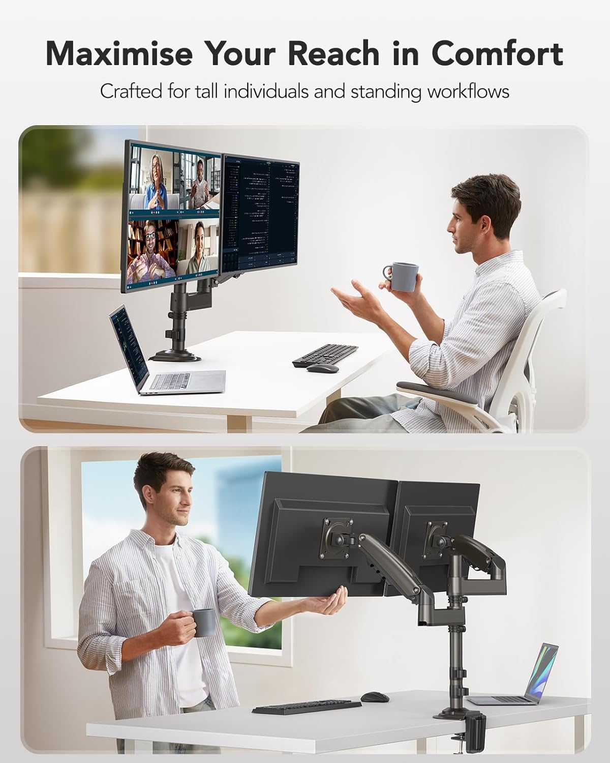Dual Monitor Stand Long Arms 13 to 32 Inch Taller Adjustable Mount HUANUO