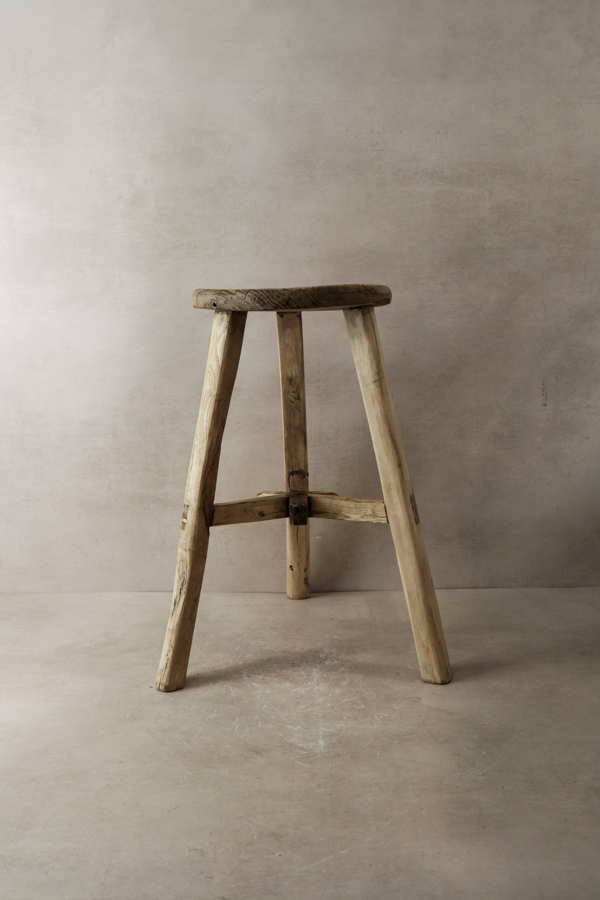 Vintage Rustic Elm Wood Stool - Round - No 4