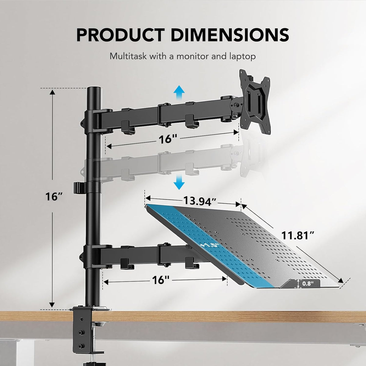 HUANUO Monitor Arm with Laptop Tray, 13–32" Screen & 17" Notebook
