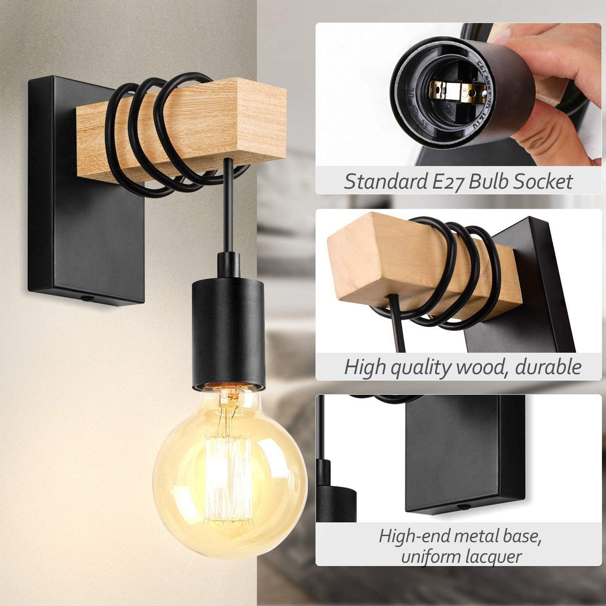 Wooden Wall Light 2 Pack Vintage Industrial E27 Rustic Sconce Black Lightess