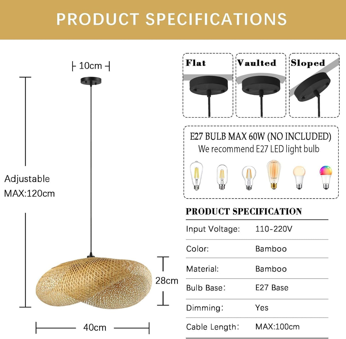 Schindora Bamboo Pendant Light – 40cm Woven Lampshade, E27 Ceiling Fit