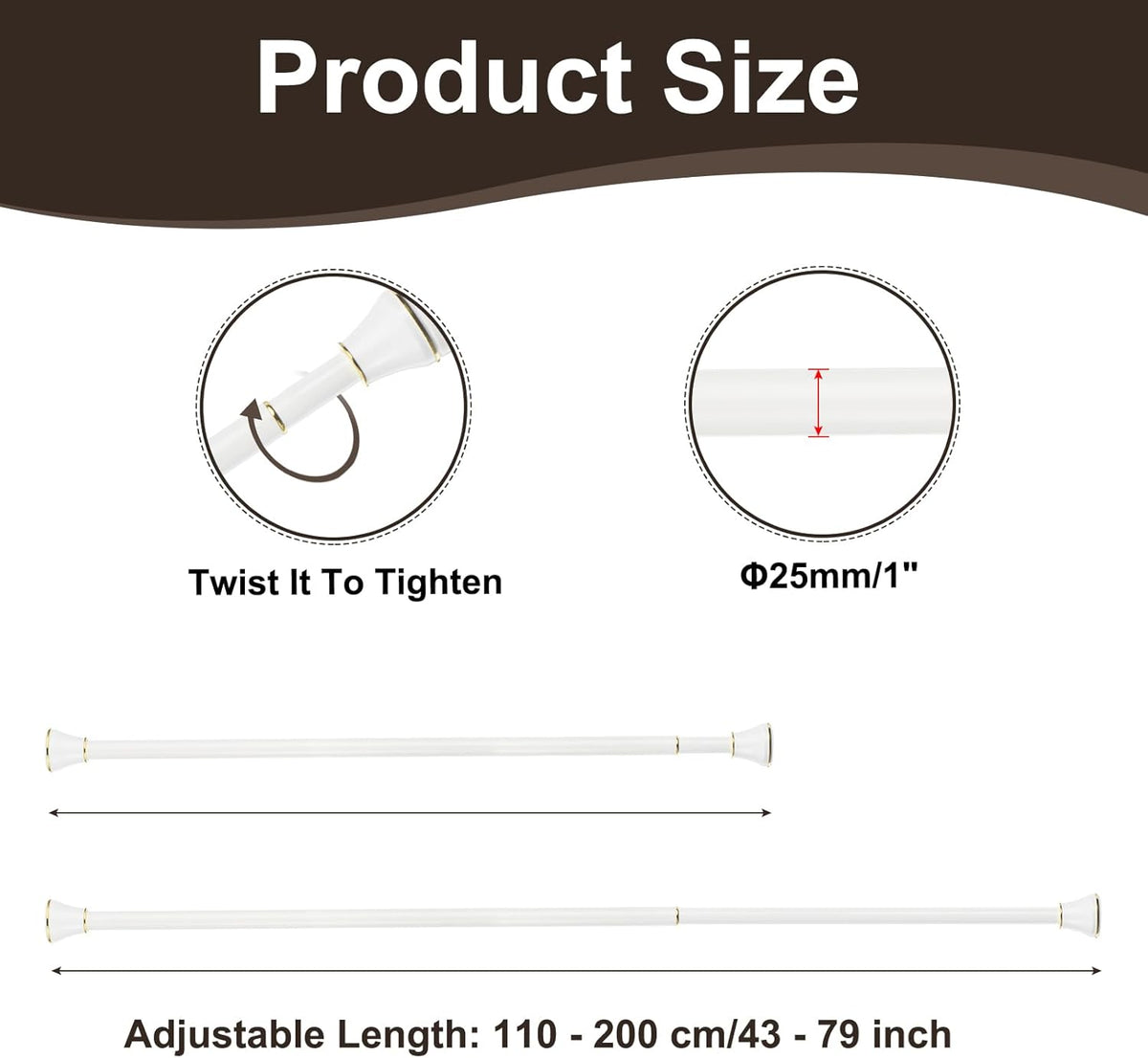 Curtain Rod Adjustable 43-79 Inch Spring Tension Stainless Steel White Gold