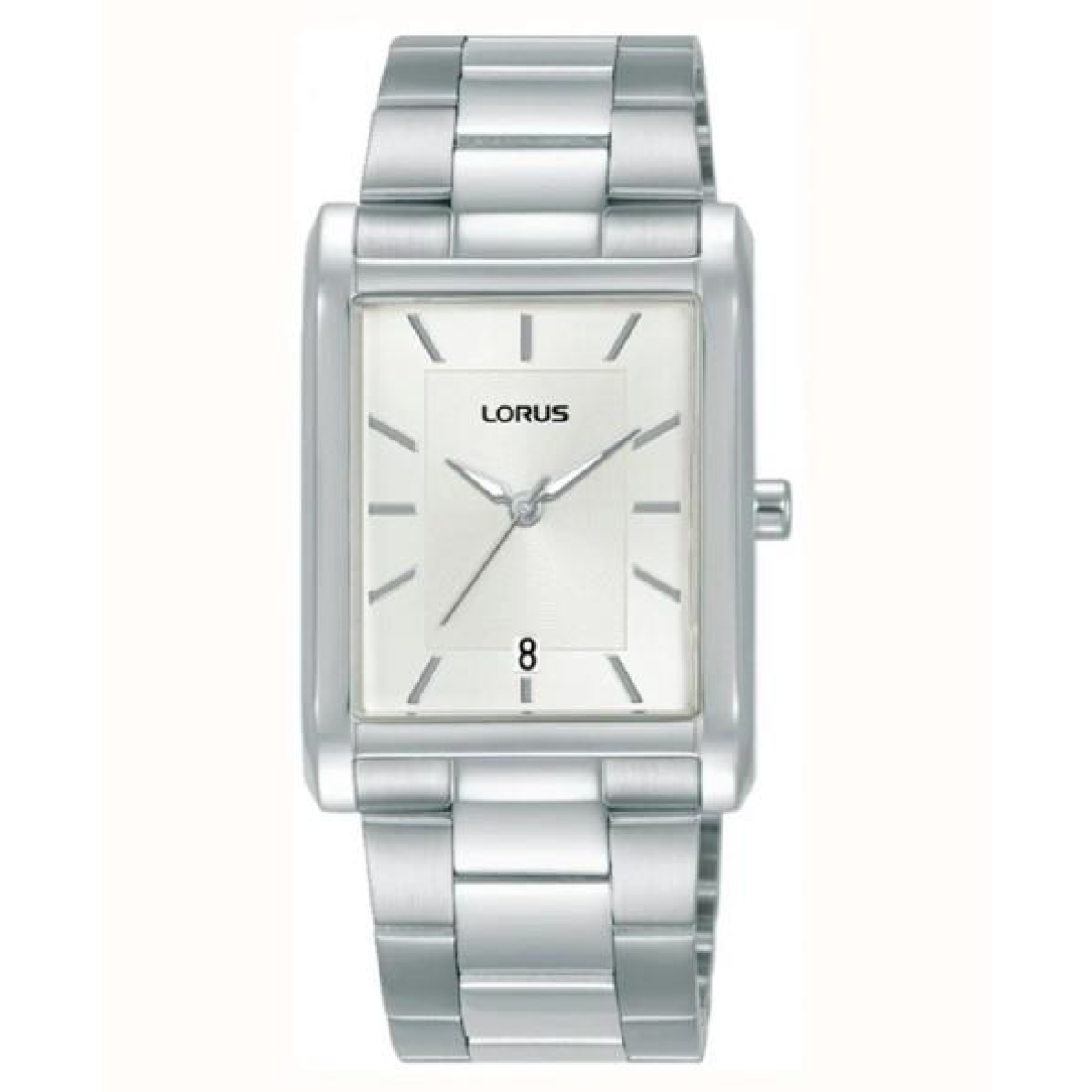 Lorus Mens Basic Fashion Rectangular Date Silver Dial Silver Stainless Steel Bracelet Watch RH937RX9