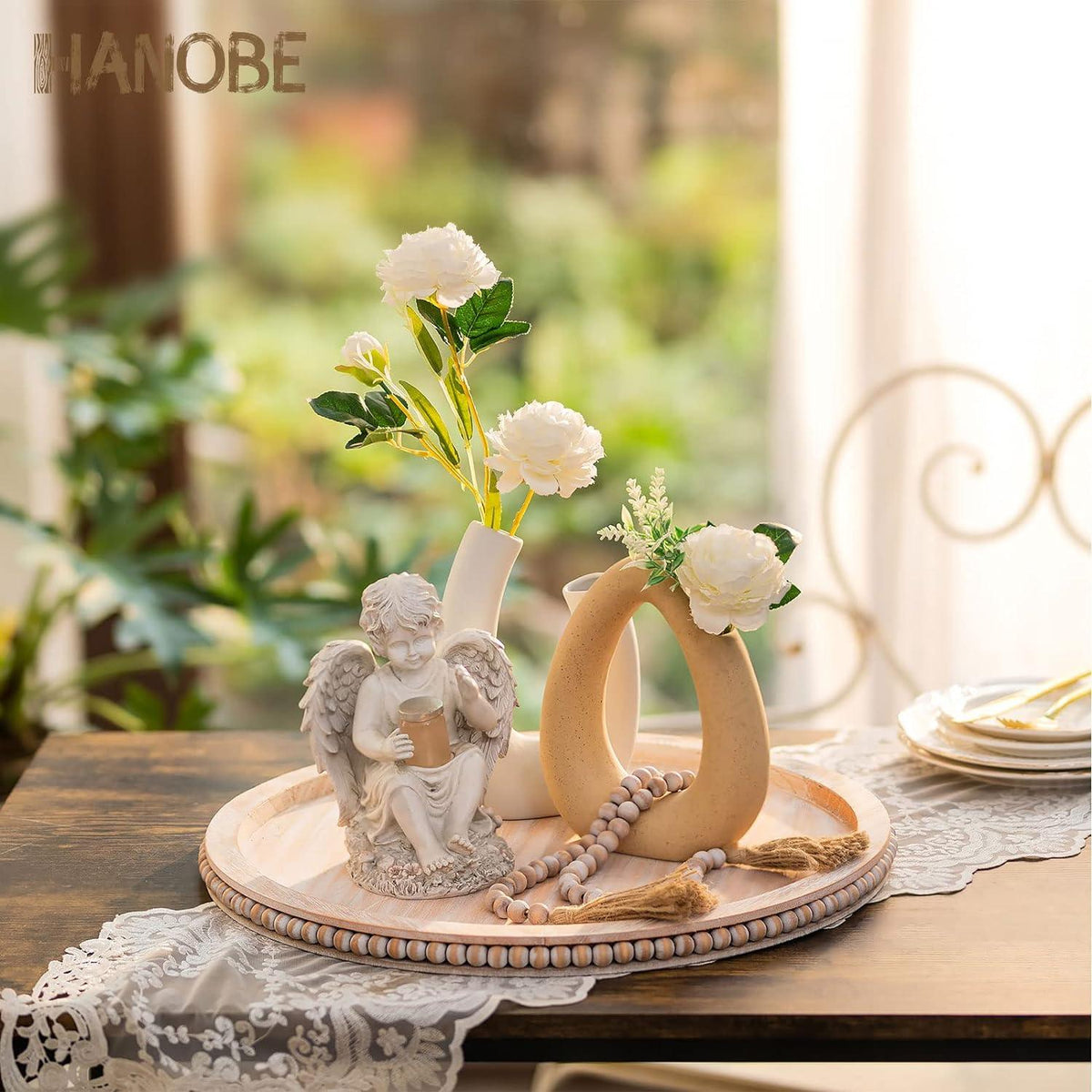 Round Decorative Wooden Tray 18 Inch Beaded Centerpiece Coffee Tray Boho HANOBE