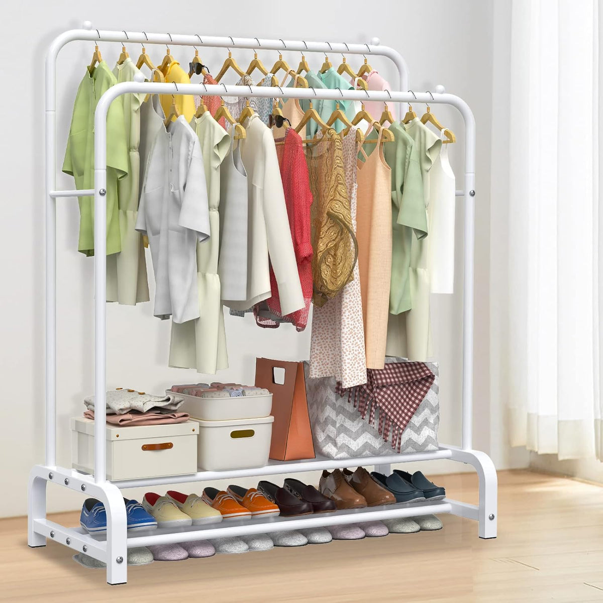 LOEFME 2-Tier Clothes Rail – Double Metal Garment Rack, White