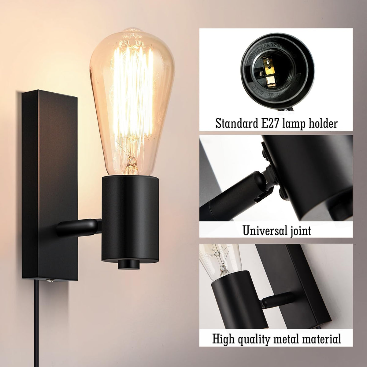 Lightsjoy 2-Pack Plug-In Wall Lights – Rotatable Black Industrial Sconces E27