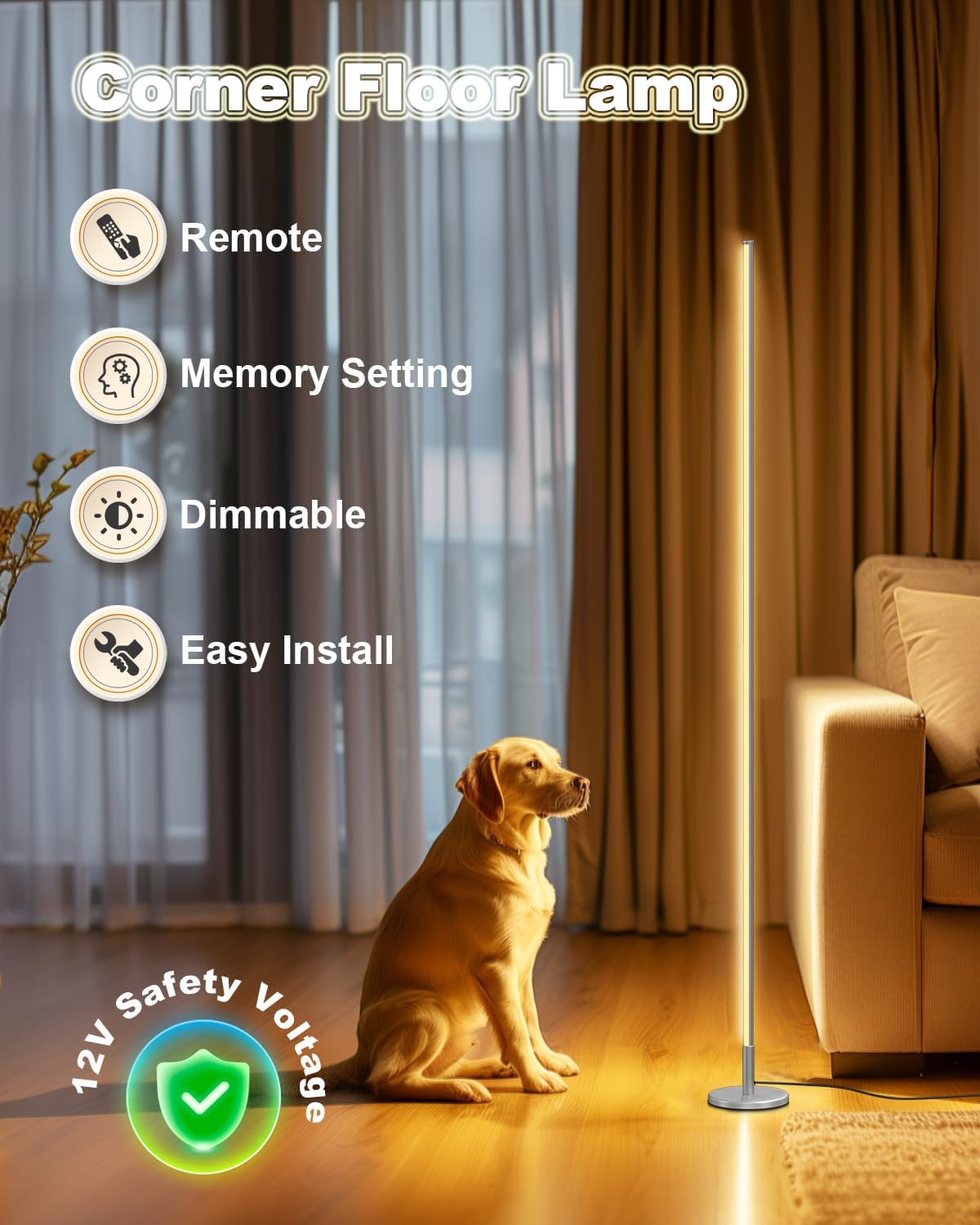 TACAHE Silver Corner Floor Lamp – Dimmable LED Mood Light with Remote, 57"