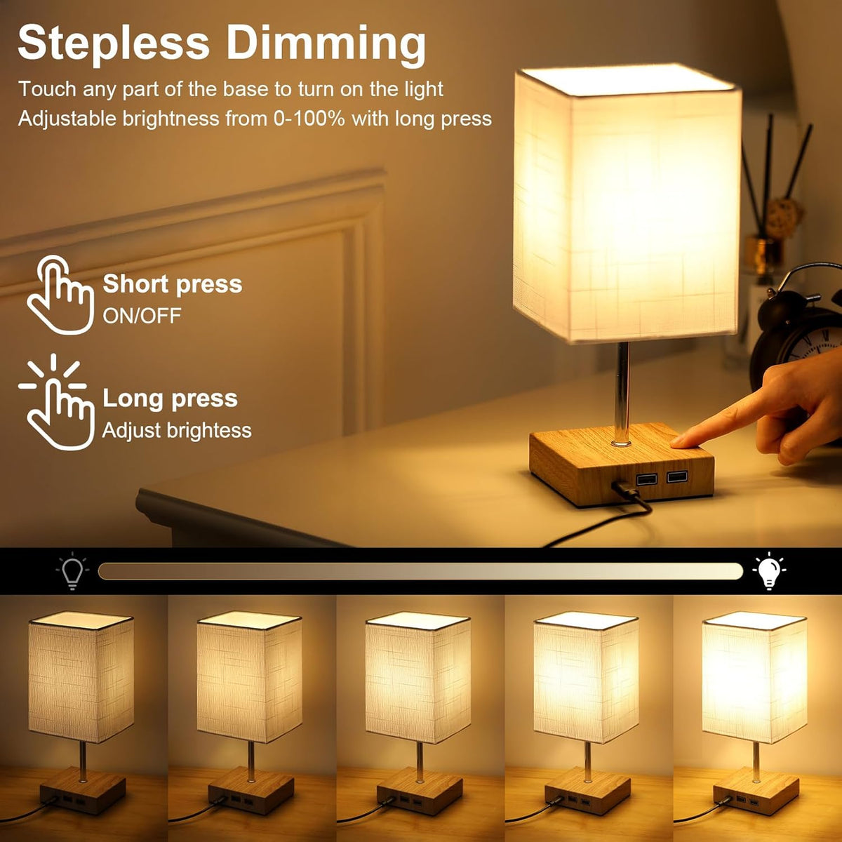 Lightsjoy Touch Table Lamp with USB-C – Dimmable Bedside Light White