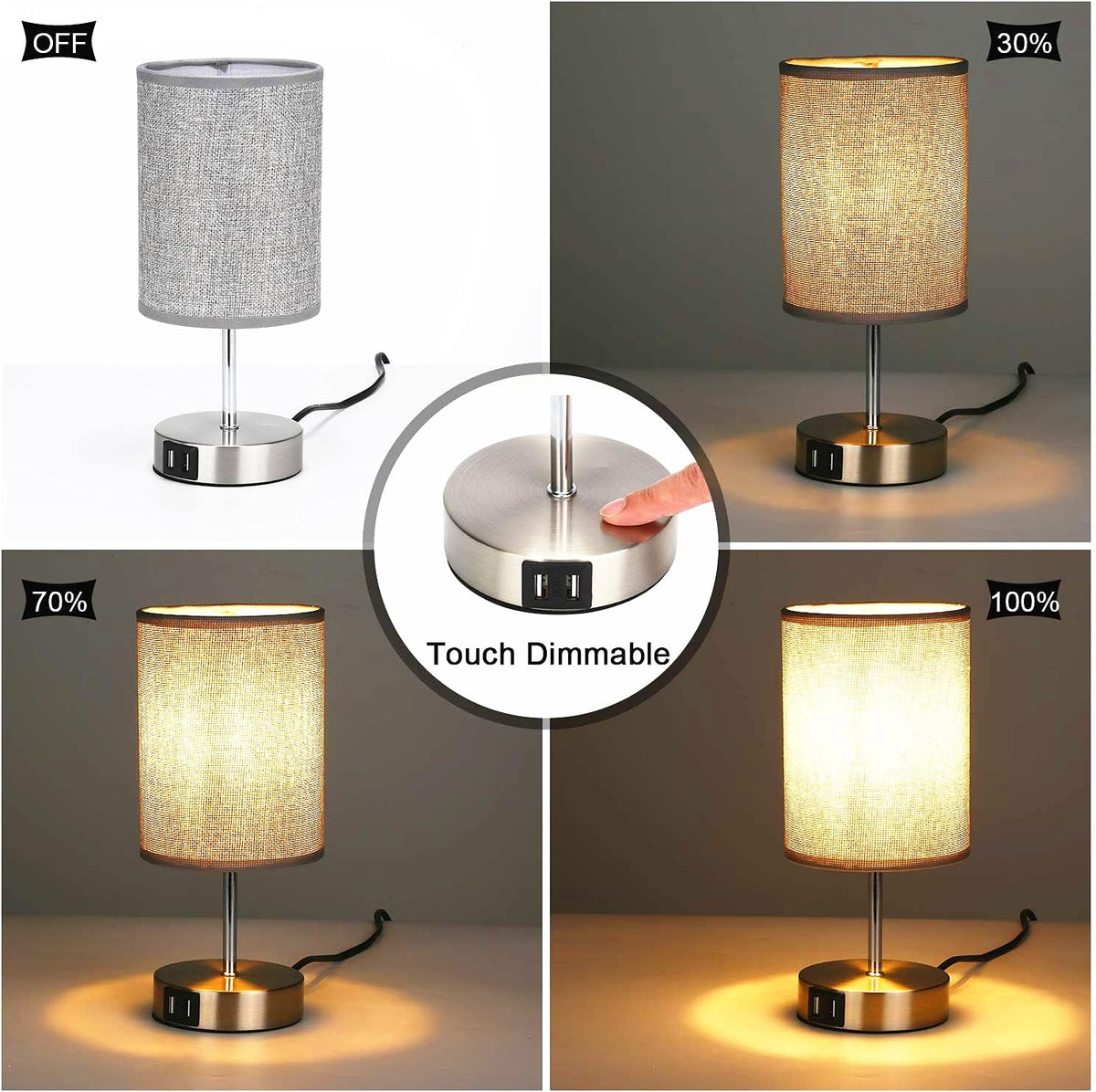 Lightess 2x Touch Bedside Lamps Grey, USB, Dimmable, E14 Bulbs Included – Round