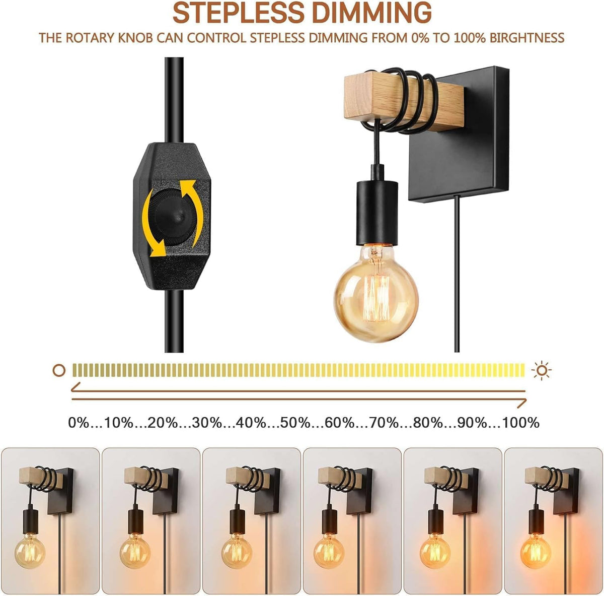 Lightess 2-Pack Plug-In Wall Lights – Dimmable Wood Sconces with Switch Black