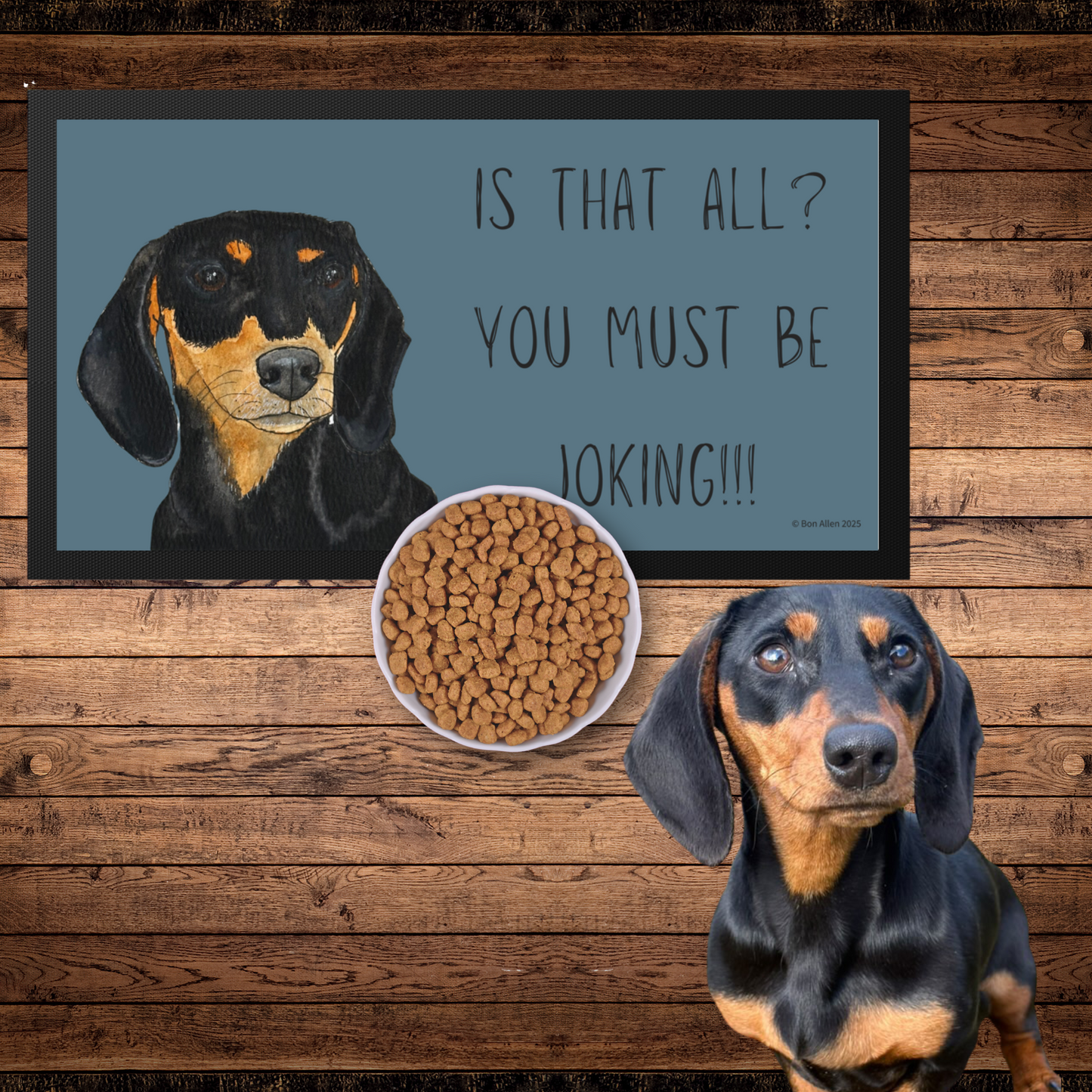 Black & Tan Dachshund Dining Drama – Hilarious Pet Bowl Mat!