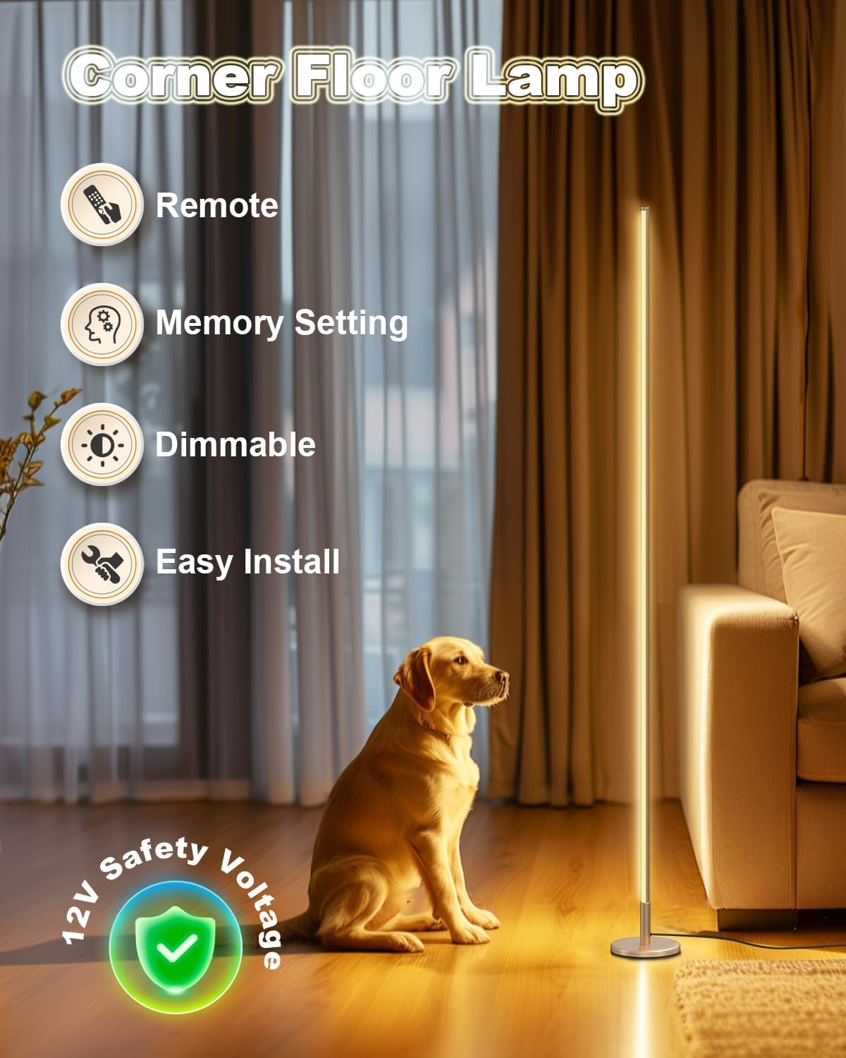 TACAHE Gold Corner Floor Lamp – Dimmable LED Mood Light with Remote, 57"