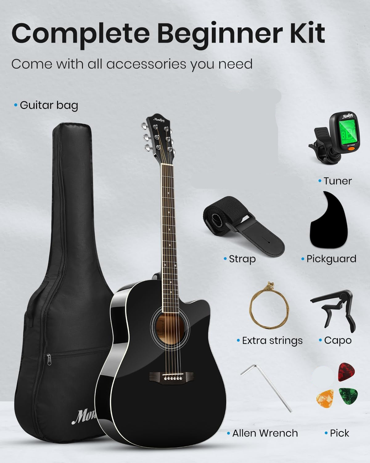 Acoustic Guitar Full Size 41 Inch Cutaway Starter Kit with Accessories Moukey