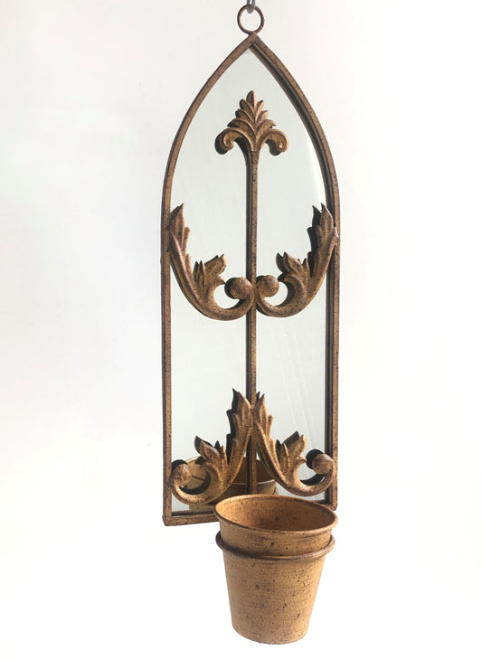 60cm RUSTY WALL MIRROR WITH SINGLE PLANTER