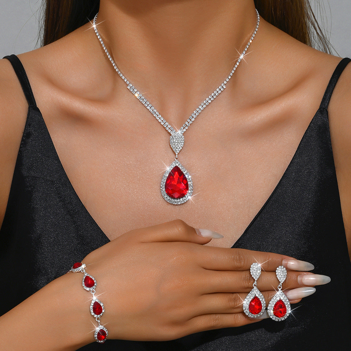 Red Sapphire Blue Water Drop Pendant Affordable Luxury Style Design Niche Trendy Suit