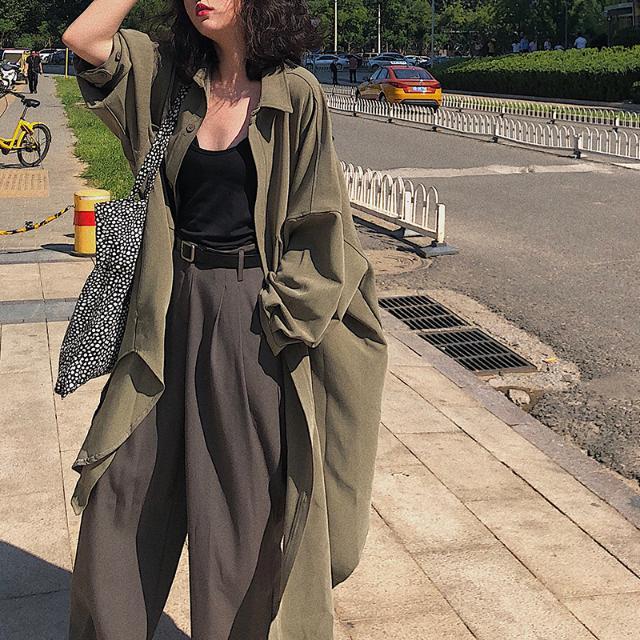 Spring Solid Color Single-breasted Batwing Sleeve Mid-length Long Sleeve Trench Coat Women
