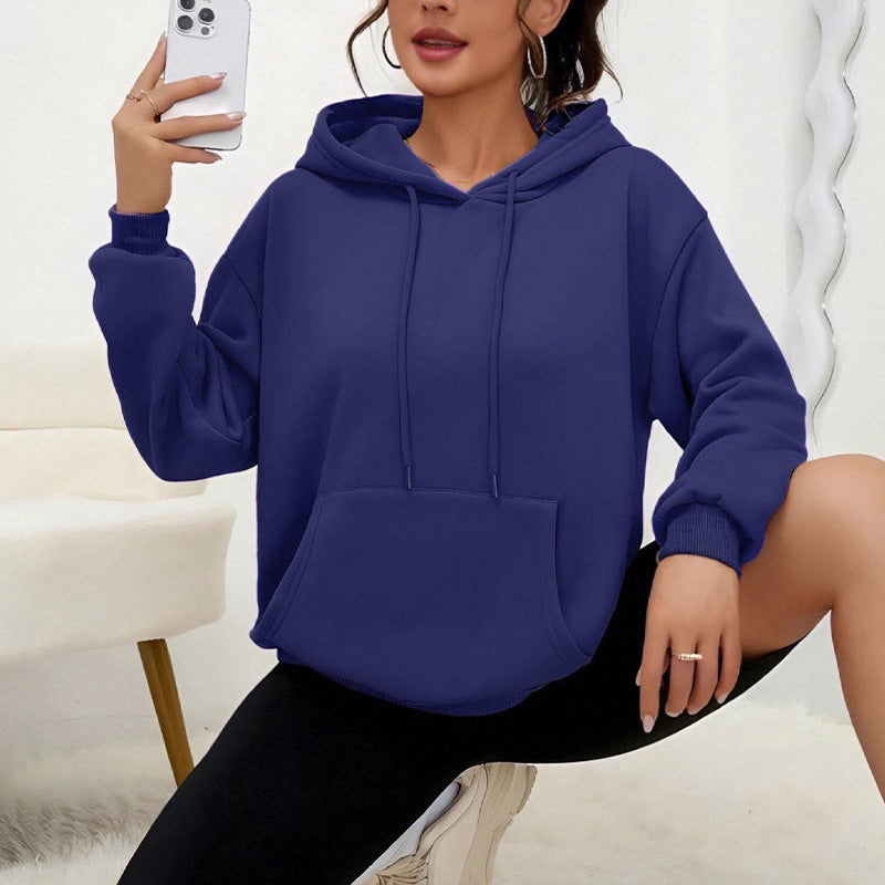 All-matching Loose Drawstring Pocket Sweatshirt Long Sleeve Women