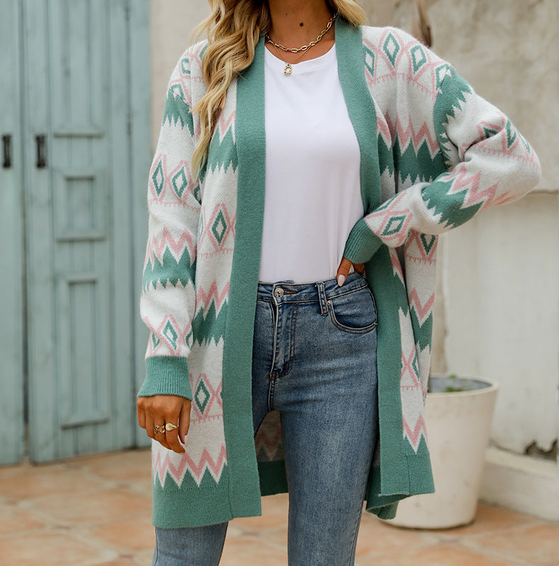Women's V-neck Rhombus-Check Contrast-Color Mid-length Sweater Coat