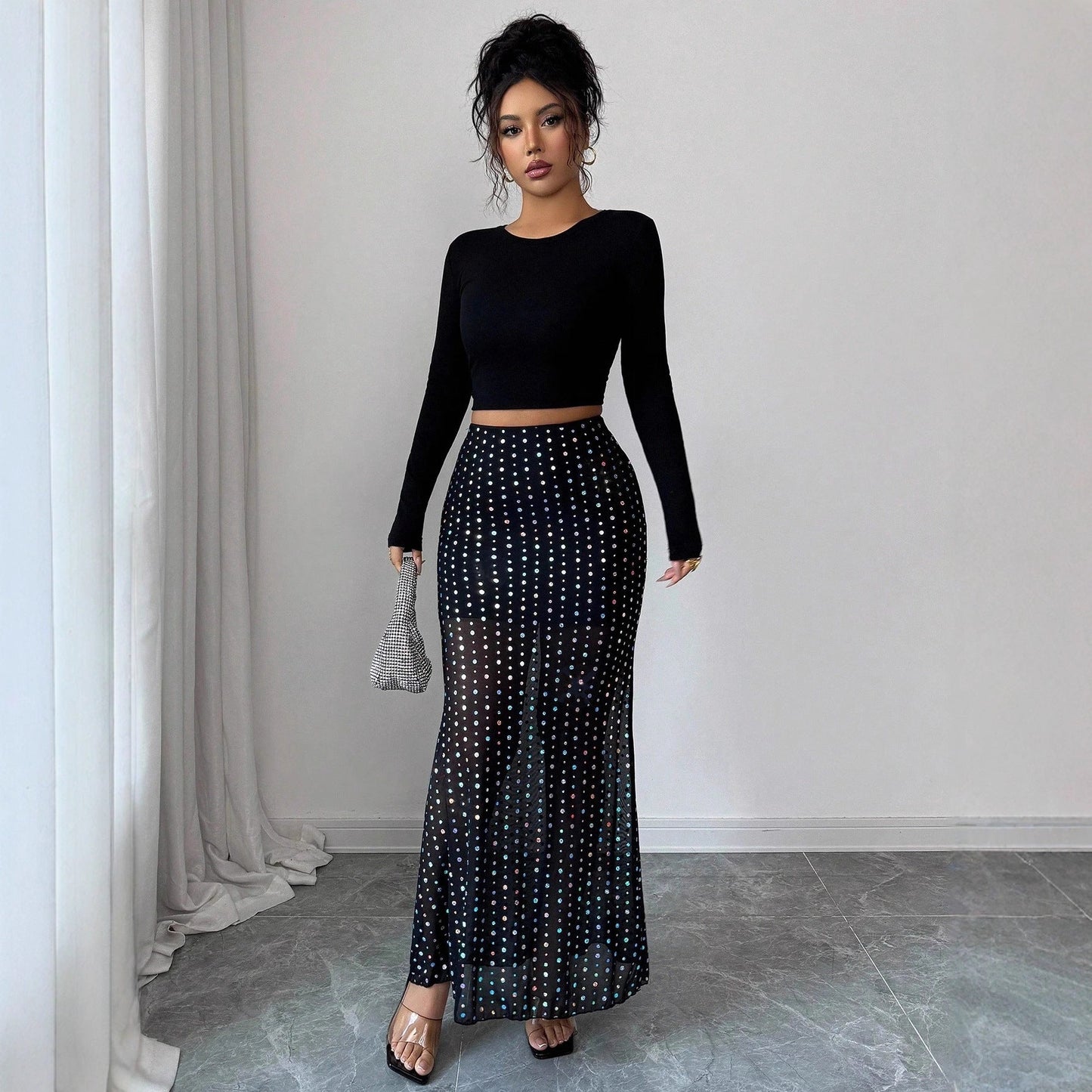 Shimmery Sequin Doublelayer Mesh Highwaist Figurehugging Hipskimming Skirt