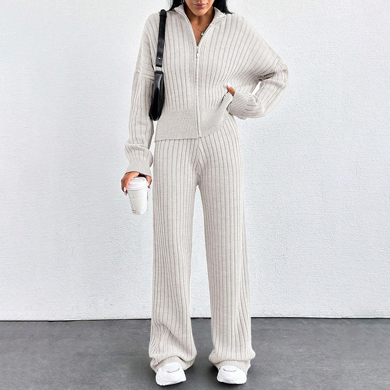 Autumn And Winter New European And American Women's Casual Loose Zip Top And Trousers Two-piece Set