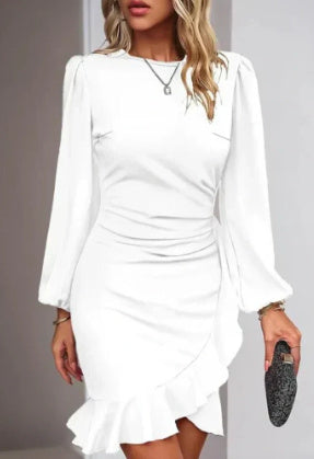 Women's Puff Long Sleeve Dresses Fashion Graceful Solid Color Slim Hip-covering Short Dress Womens Clothing
