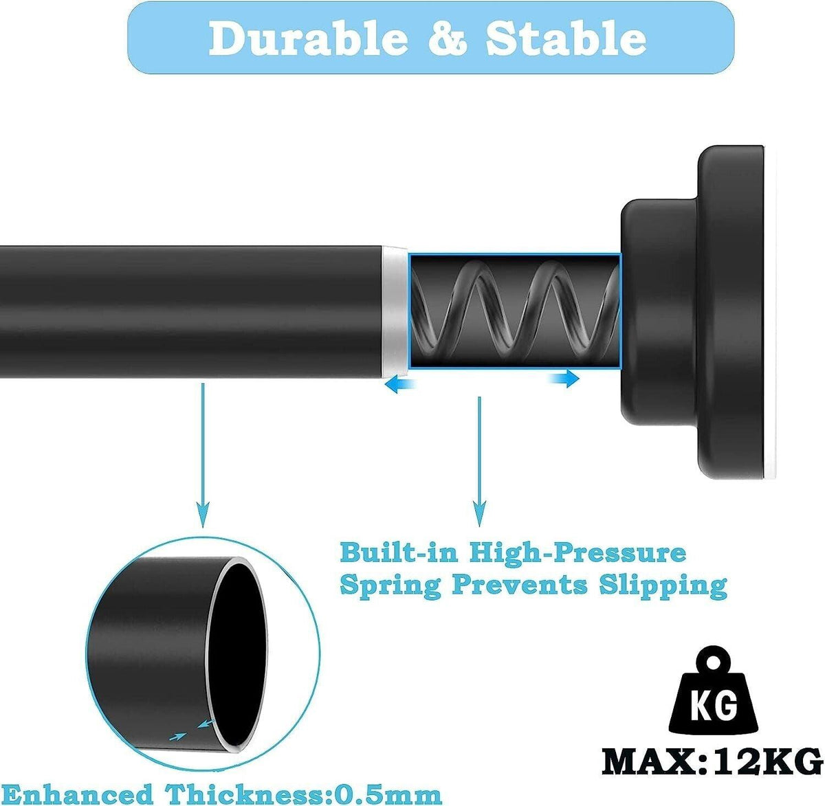 Shower Curtain Rod Extendable Stainless Steel No Rust 90-160cm Window