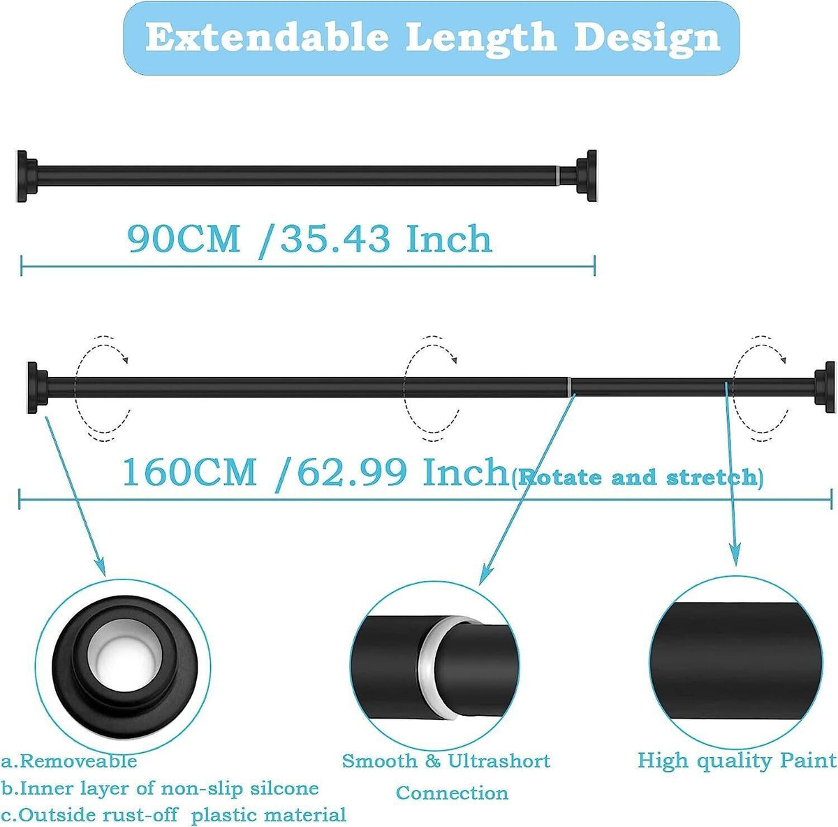 Shower Curtain Rod Extendable Stainless Steel No Rust 90-160cm Window