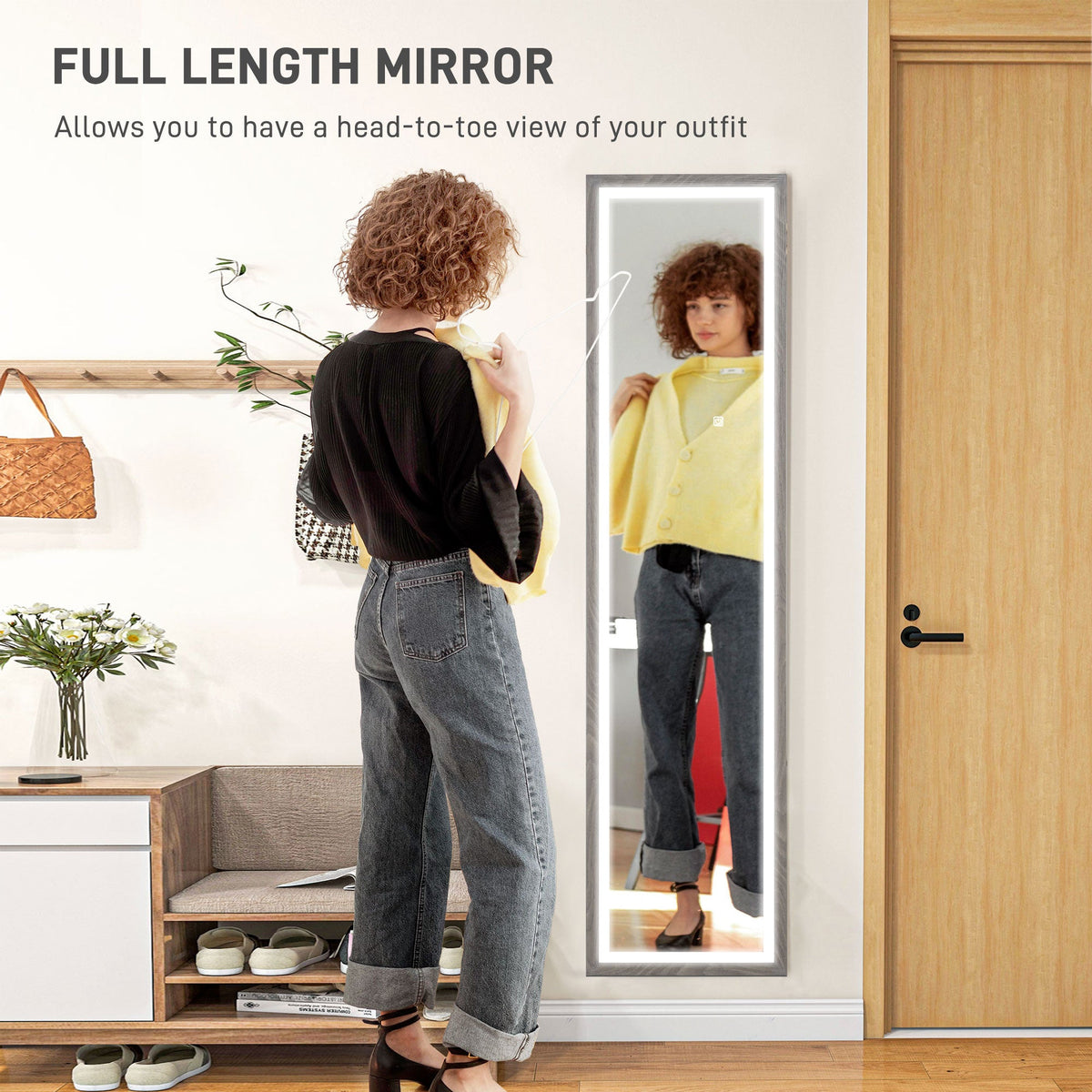 HOMCOM Dimming Full Length Mirror w/ Lights Standing Leaning Wall Mount Grey
