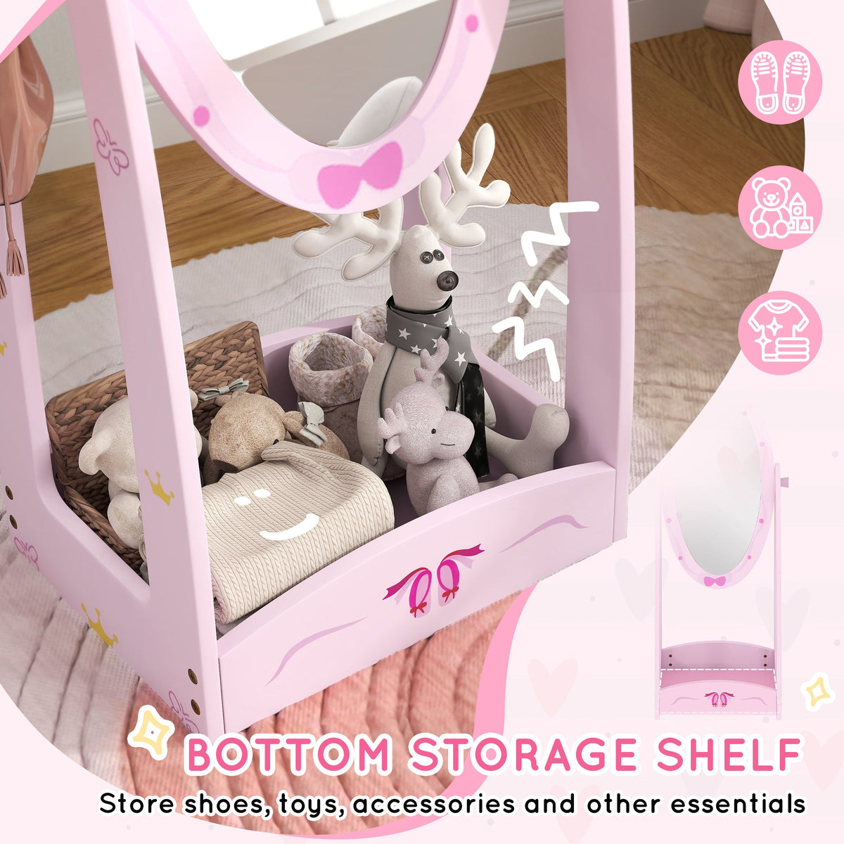 AIYAPLAY 360° Rotating Kids Full Length Mirror with Storage Shelf, Pink