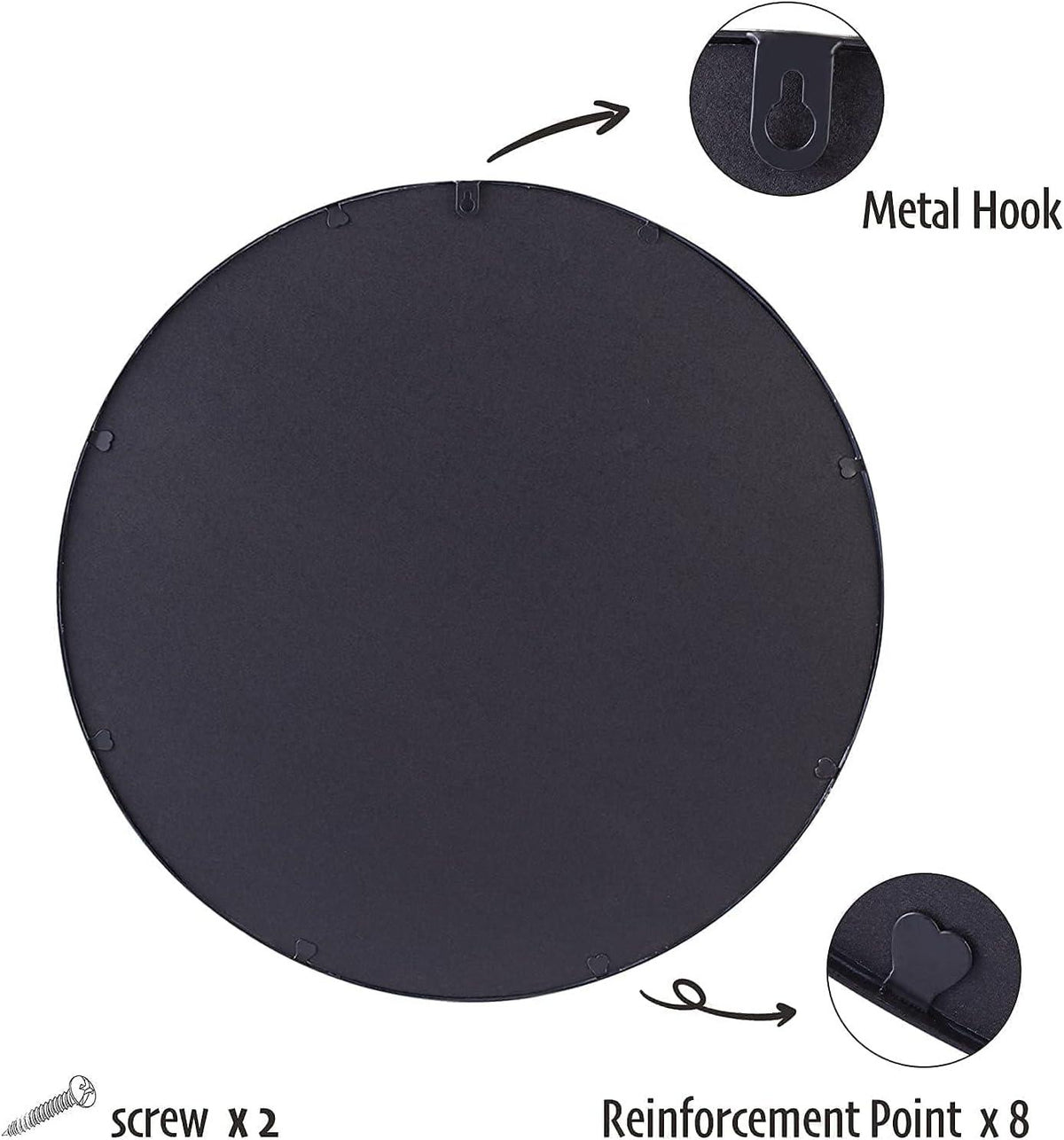 Round Wall Mirror 50x50cm Metal Frame Black Bathroom Living Room Decor ZENIDA