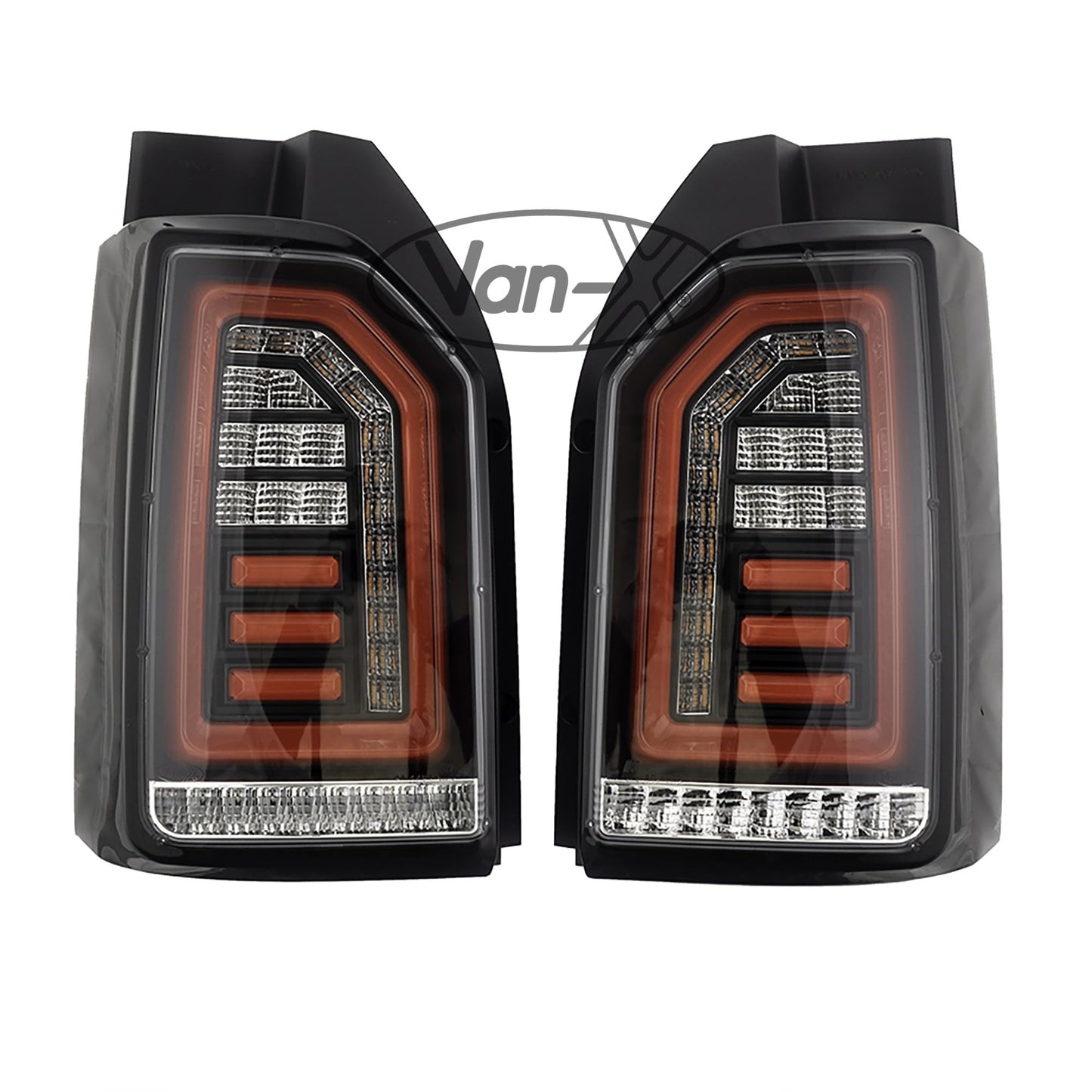For VW T6 Transporter 2015–2020 Tailgate LED Rear Lights Clear Lens Full LED Light Upgrade – Van-X