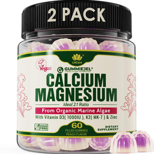 2 Pack Plant-Based Calcium Gummies 600mg + D3 K2 Mg Zn – Vegan, Sugar-Free | LILICARE