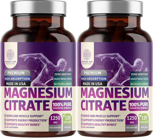 2-Pack Magnesium Citrate Capsules 1250mg | Muscle & Digestive Support - 240 Caps