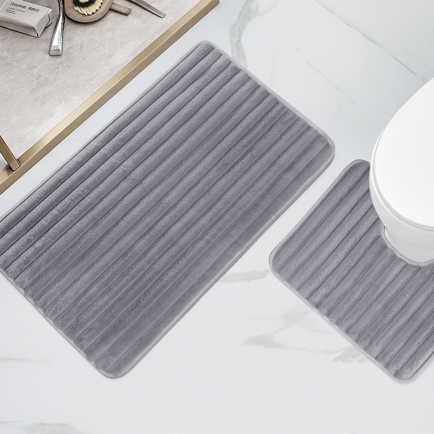 2 Piece Ribbed Bath Mat Set in Charcoal Extra Soft Non Slip Super Absorbent Bathroom & Toilet Mats Easy Care Rug by OLIVIA ROCCO