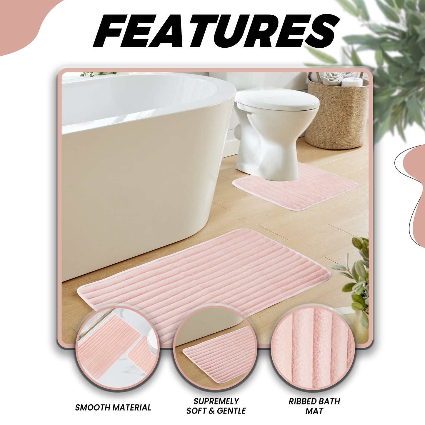 2 Piece Ribbed Bath Mat Set in Pink Extra Soft Non Slip Super Absorbent Bathroom & Toilet Mats Easy Care Rug by OLIVIA ROCCO