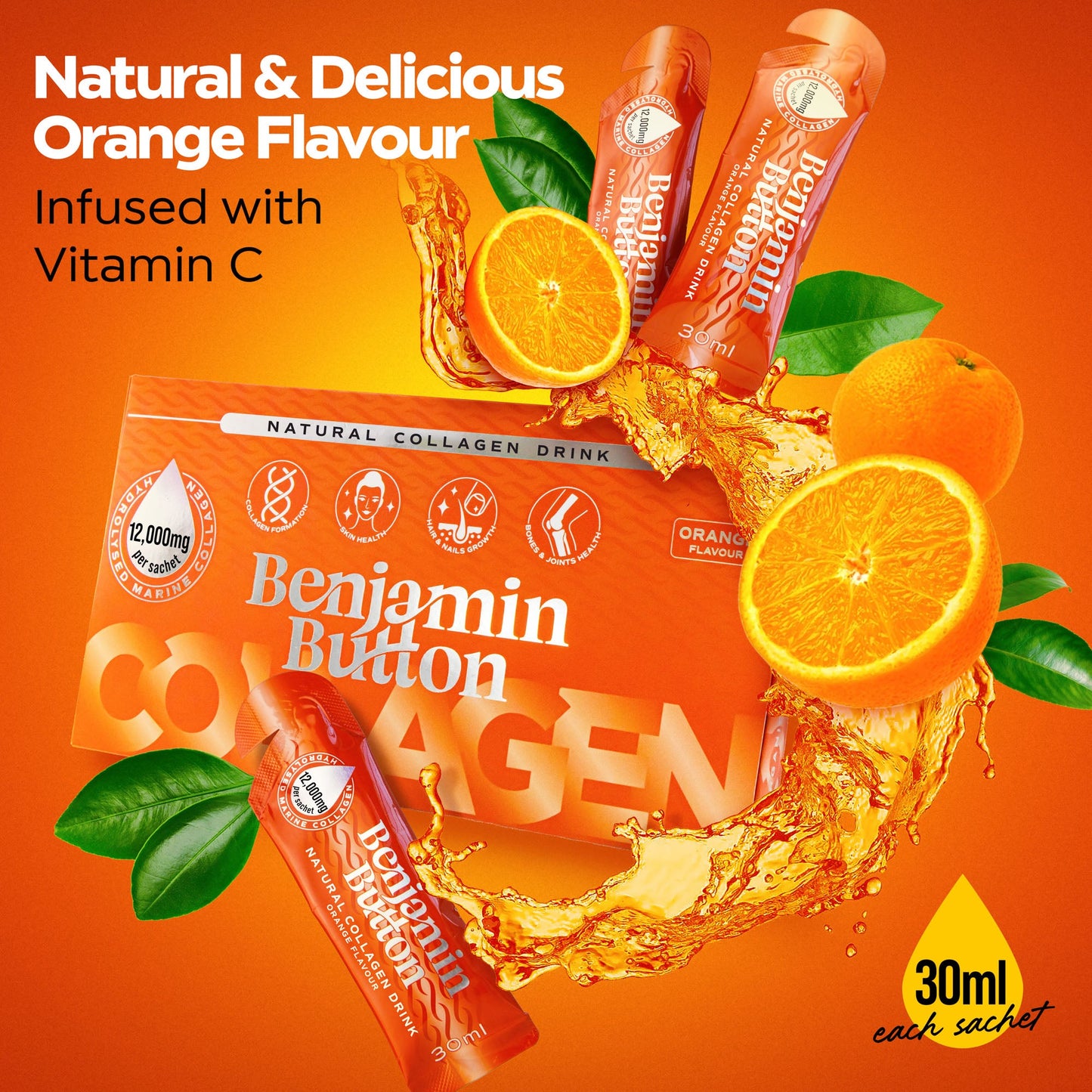 14x Orange 12,000mg Marine Collagen Liquid Sachets