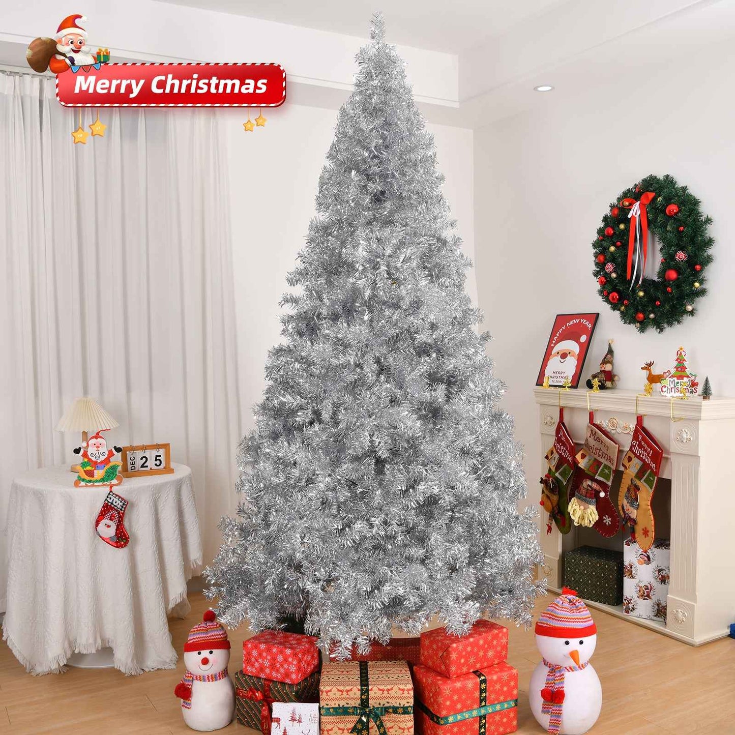 6 FT Artificial Christmas Tree, Unlit Christmas Pine Tree with 800 Branch Tips and Sturdy Metal Stand for Office Home Store Party Holiday Decor, Silver